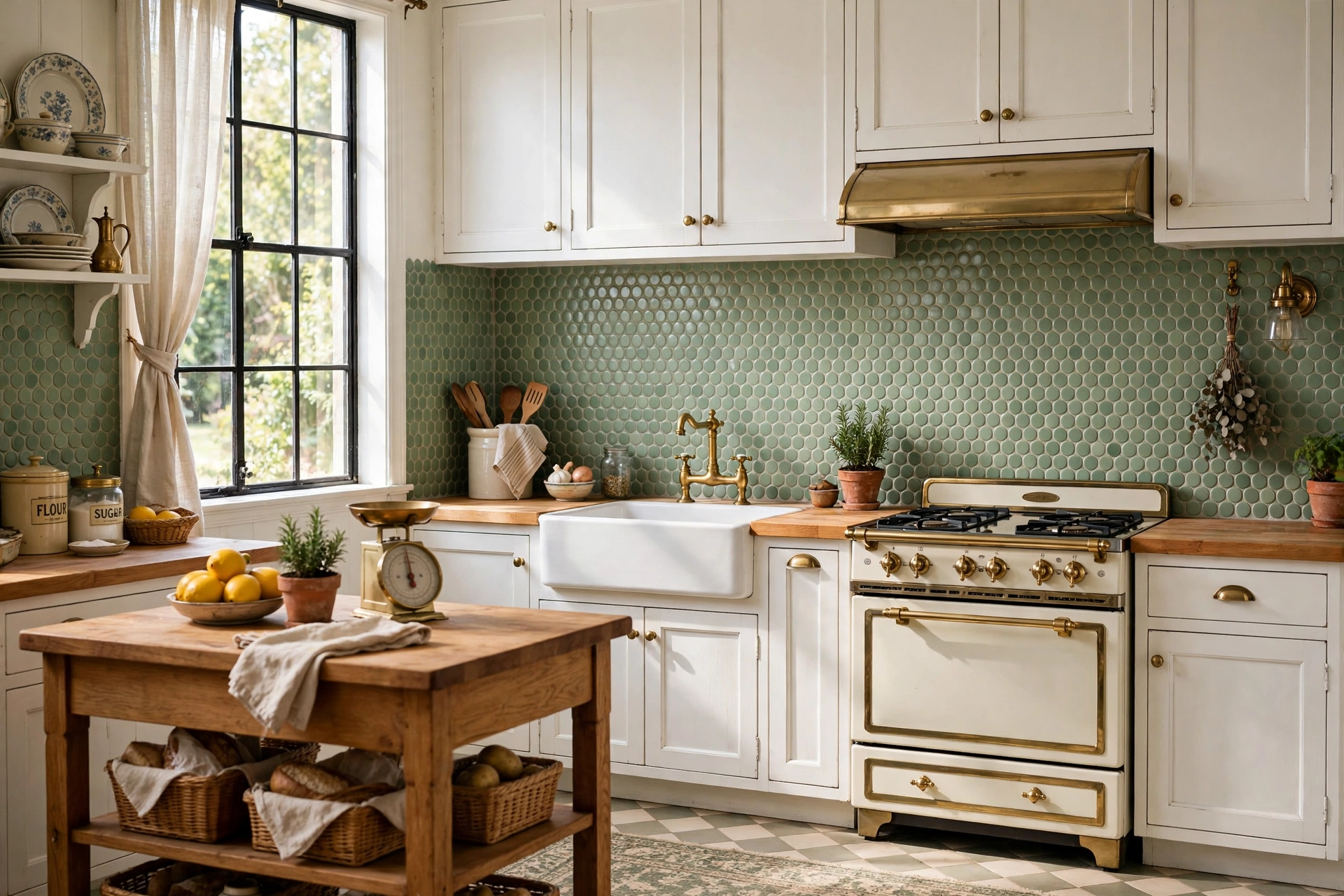 Sage green penny round tile backsplash