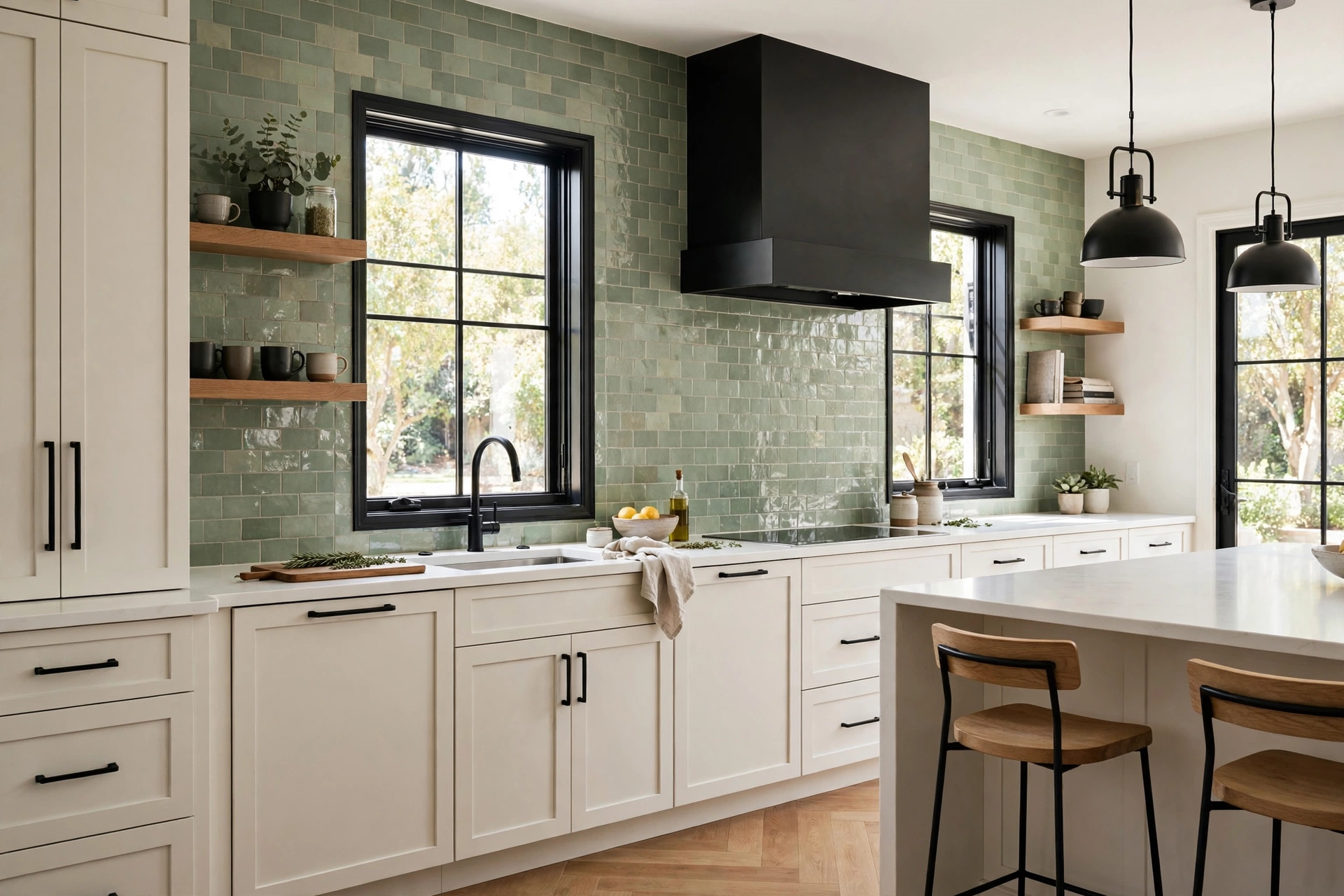 Sage green backsplash with black accents