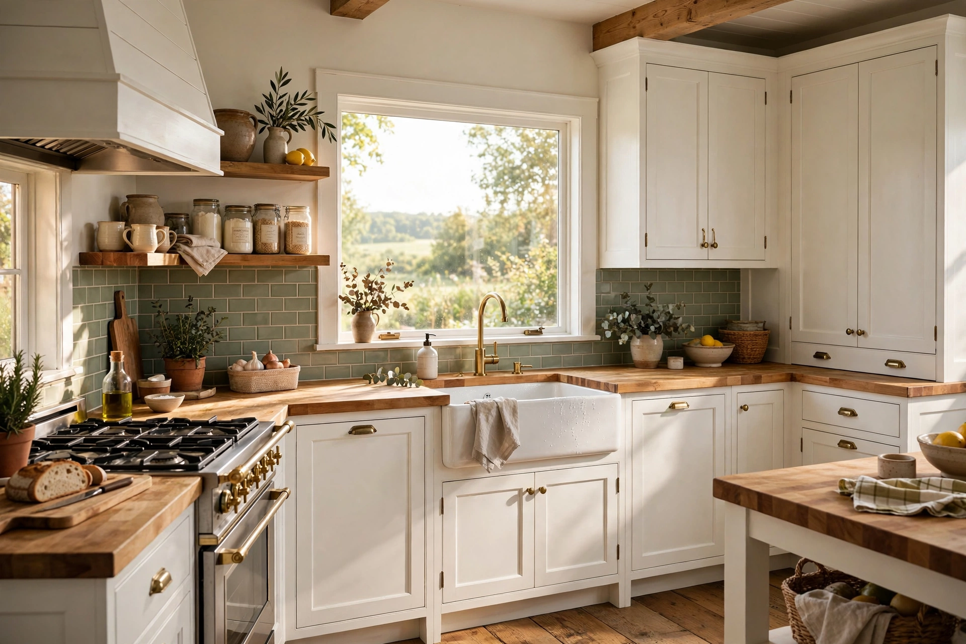 Farmhouse kitchen with sage green backsplash