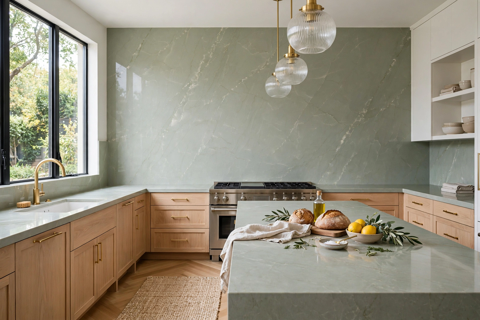 Sage quartz slab backsplash in luxury kitchen