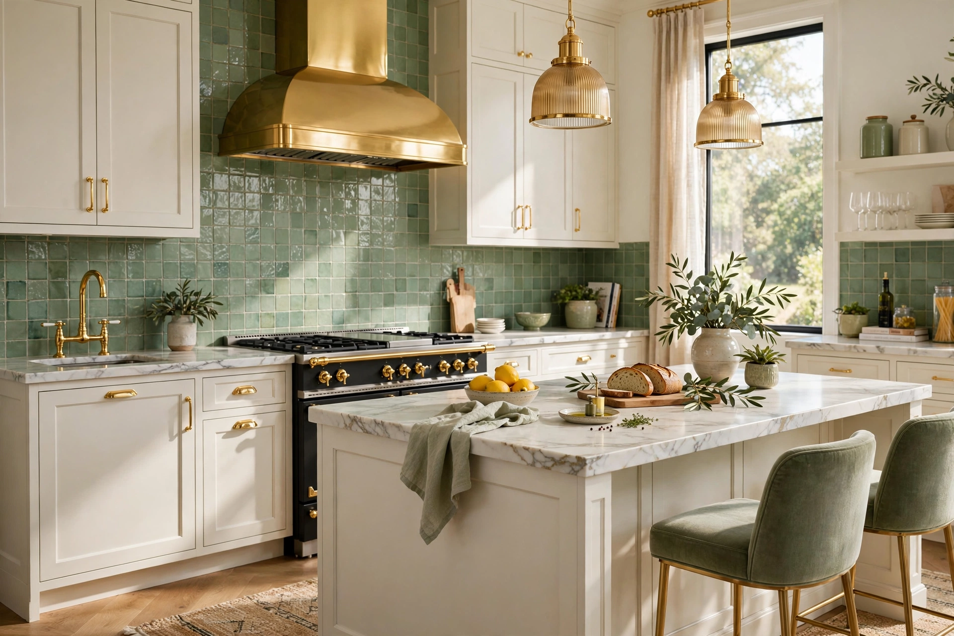 Sage green backsplash with gold kitchen fixtures