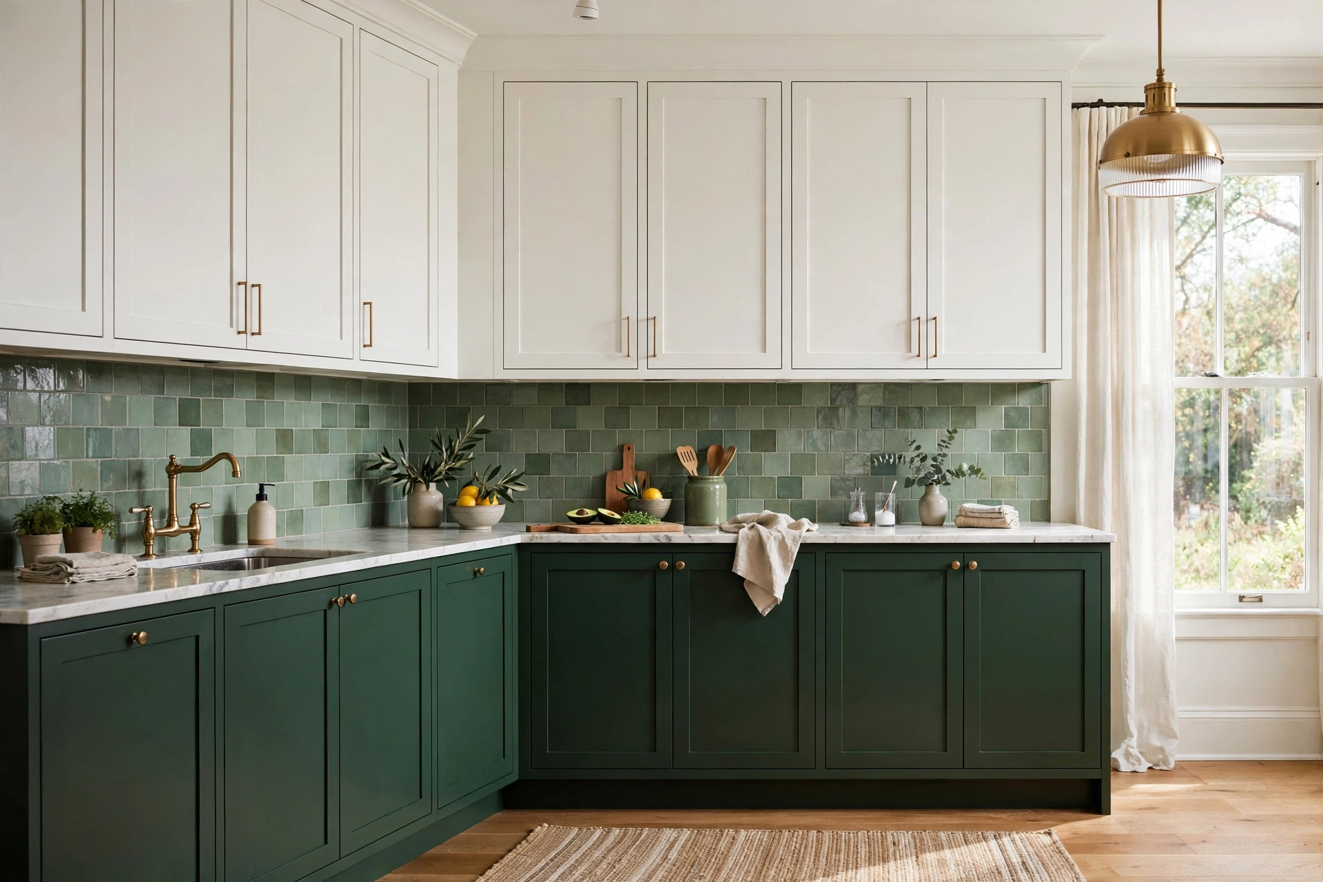 Two-tone cabinets with sage green backsplash