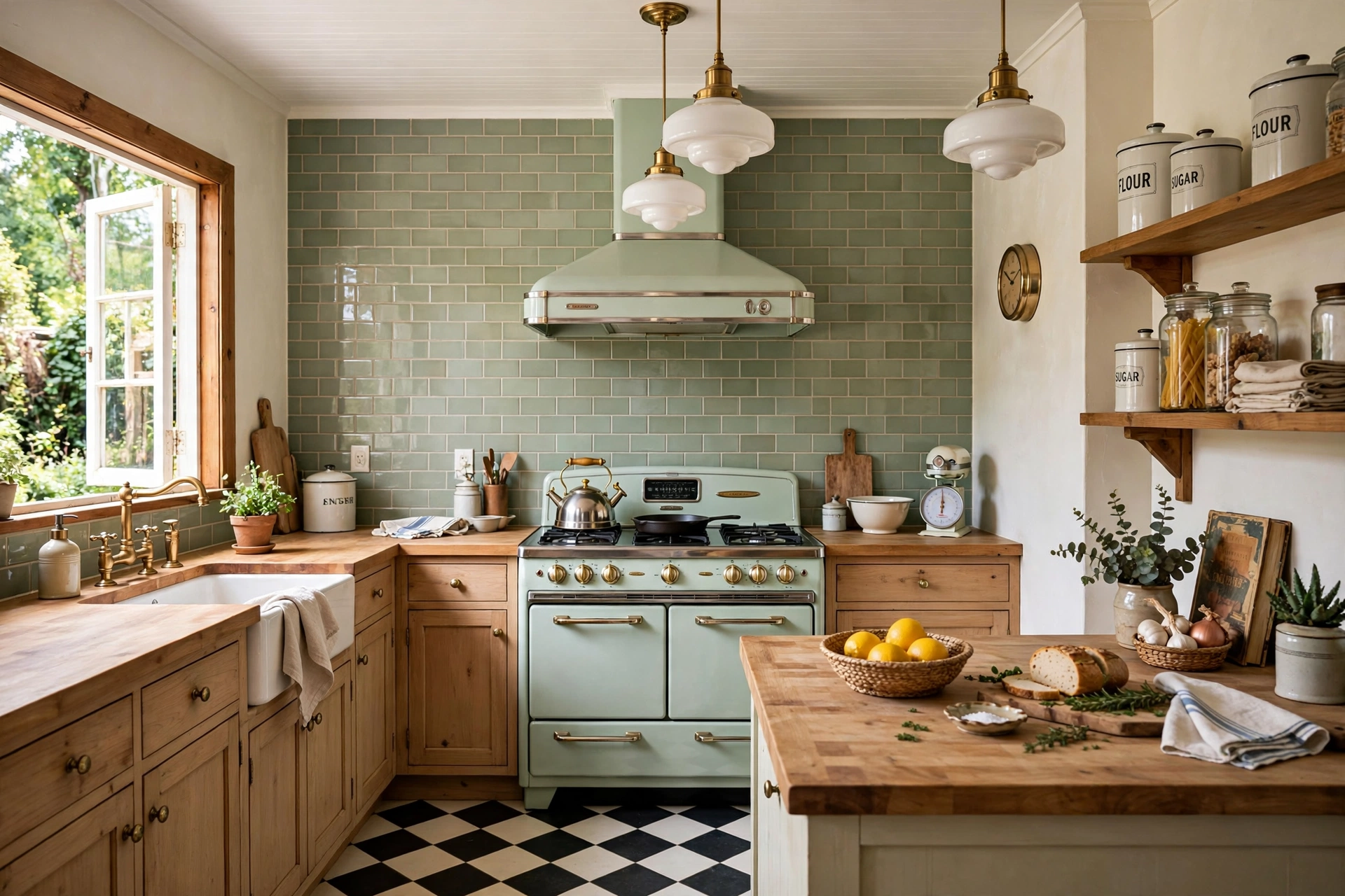 Vintage style kitchen with sage green backsplash
