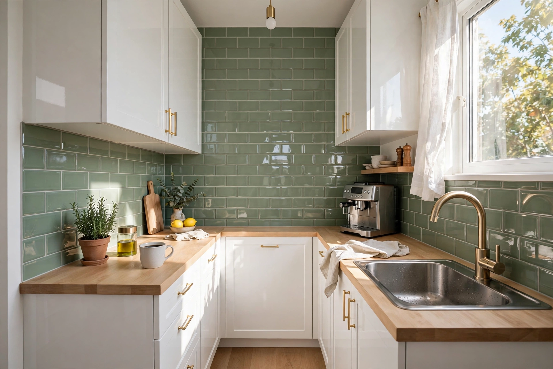 Small kitchen with sage green backsplash