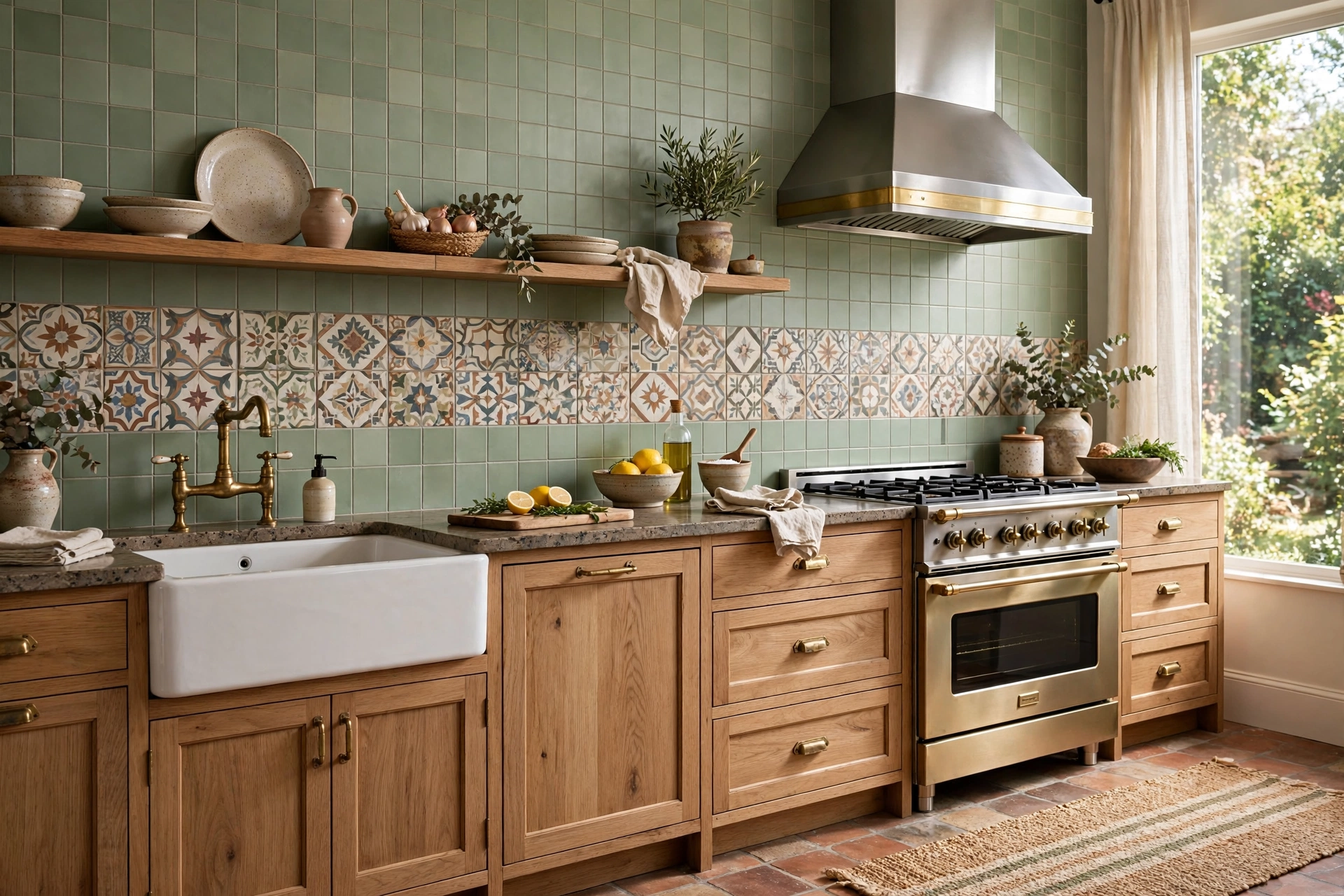 Sage backsplash with patterned encaustic accent tile