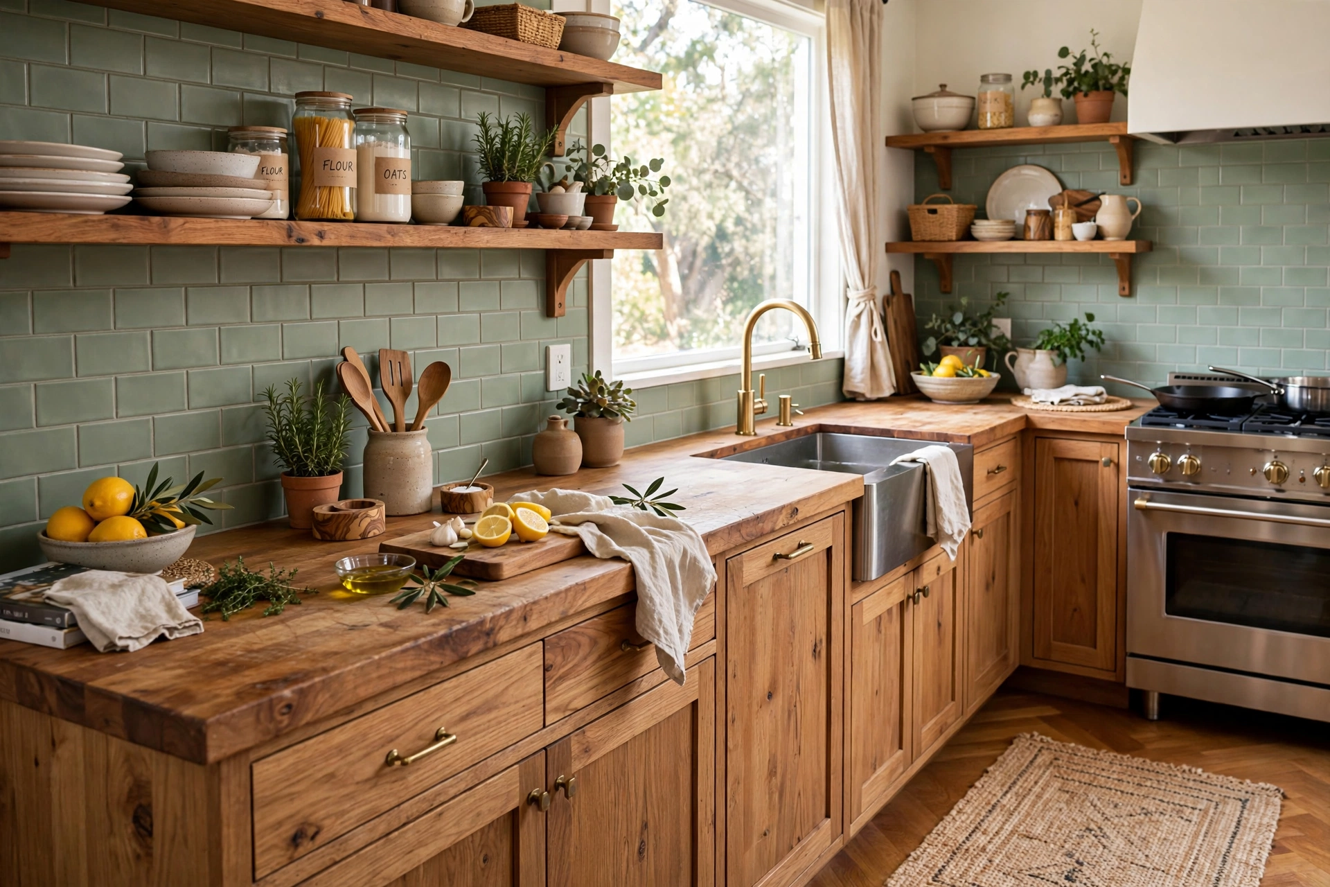 Sage green backsplash with butcher block countertop