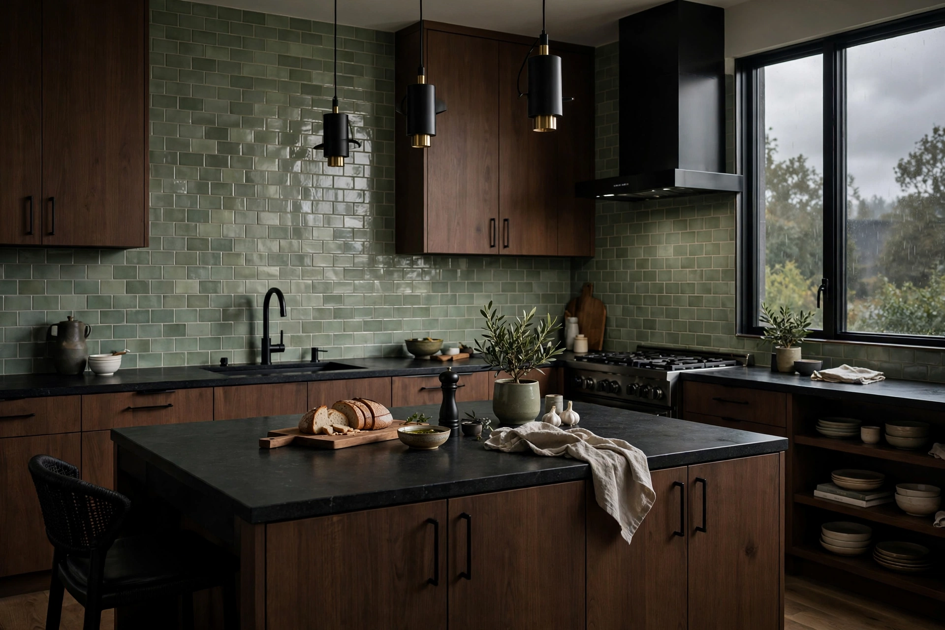 Sage green backsplash with dark stone countertops