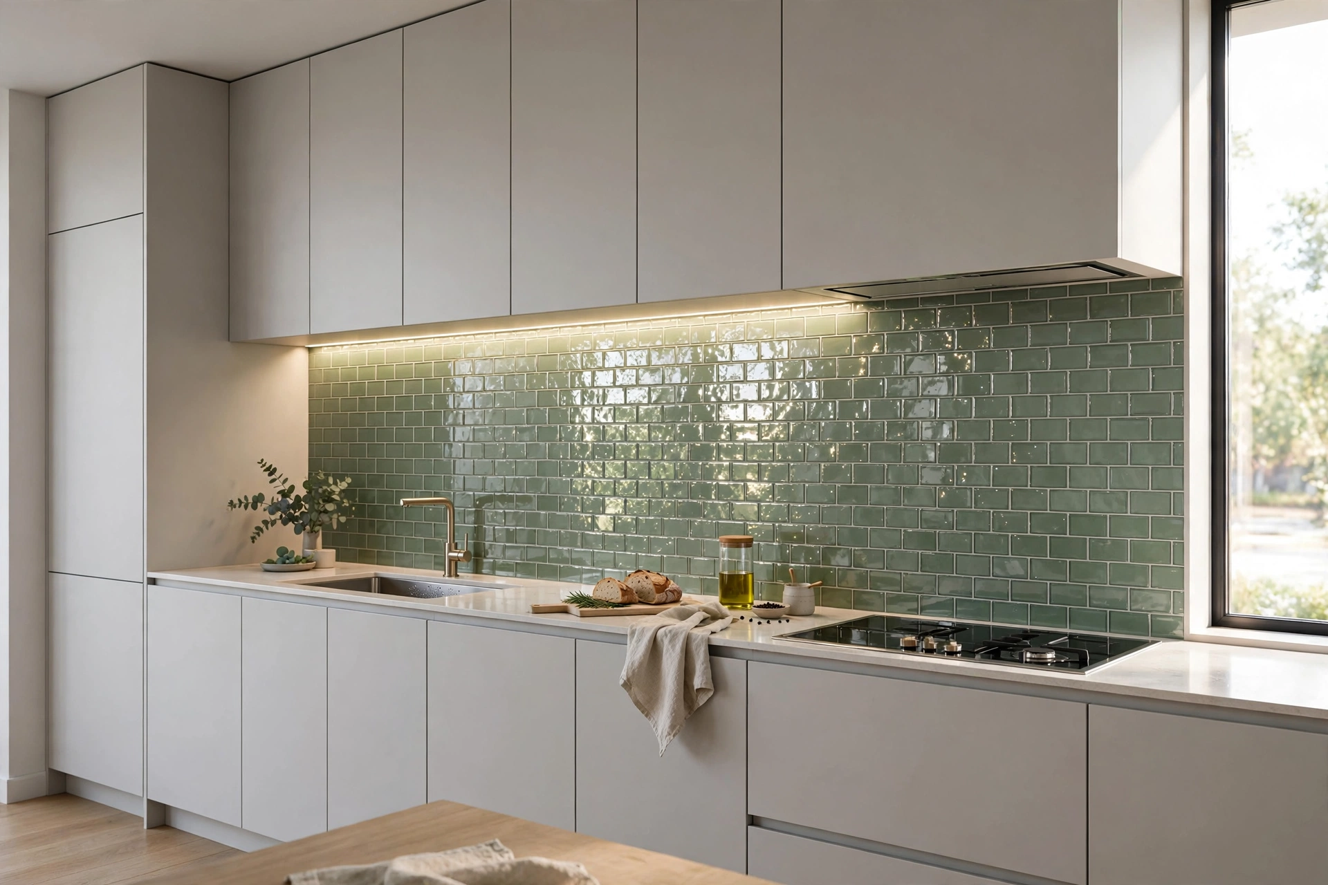 Sage green glass tile backsplash