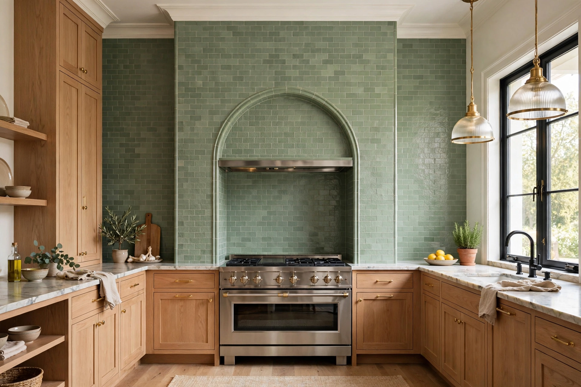 Sage green tile feature wall behind range