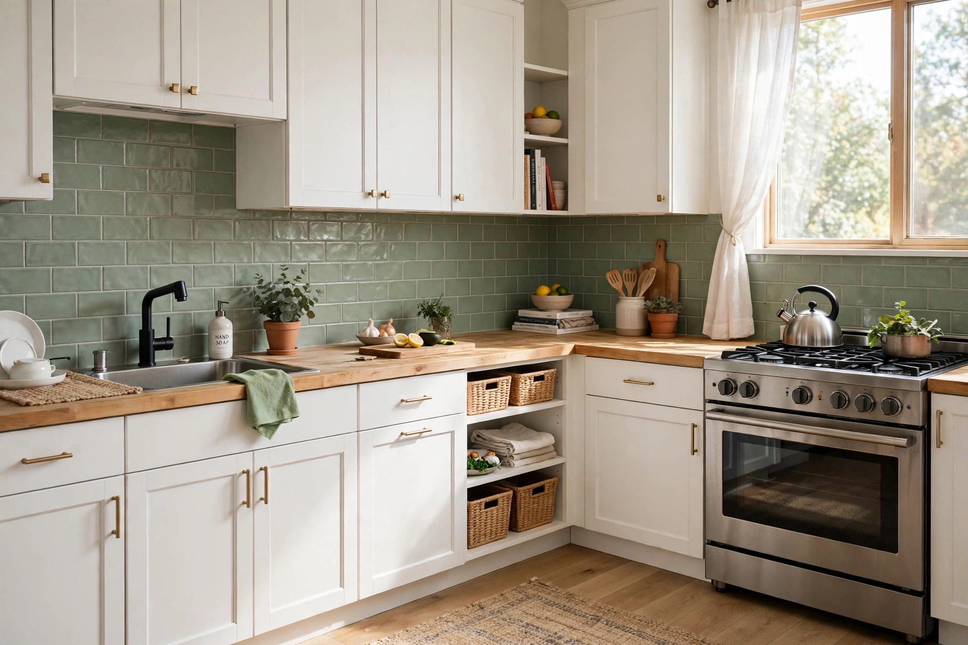 Peel-and-stick sage green backsplash tiles