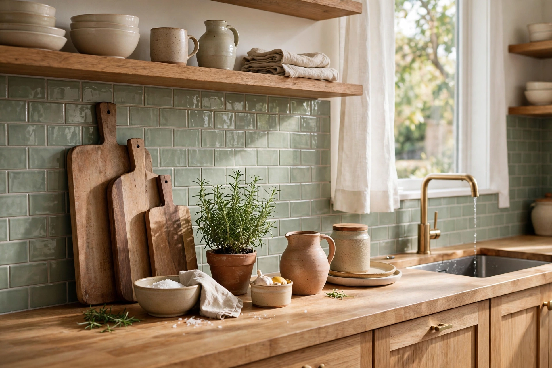 Styled sage green kitchen backsplash with decor