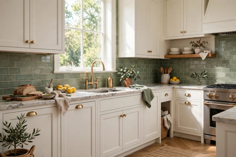 Sage green kitchen backsplash with white cabinets and brass fixtures
