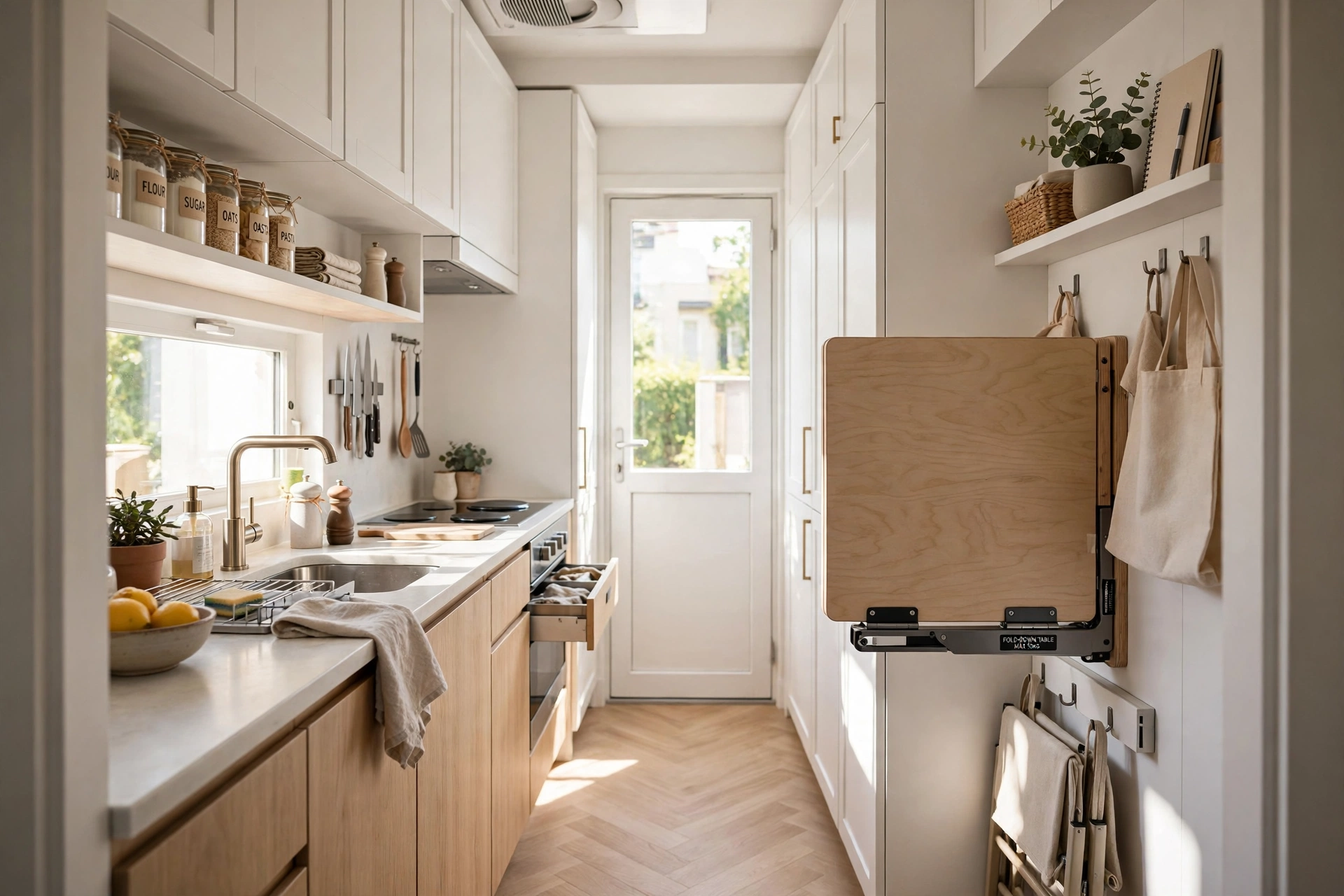 Small kitchen with fold-down wall dining table