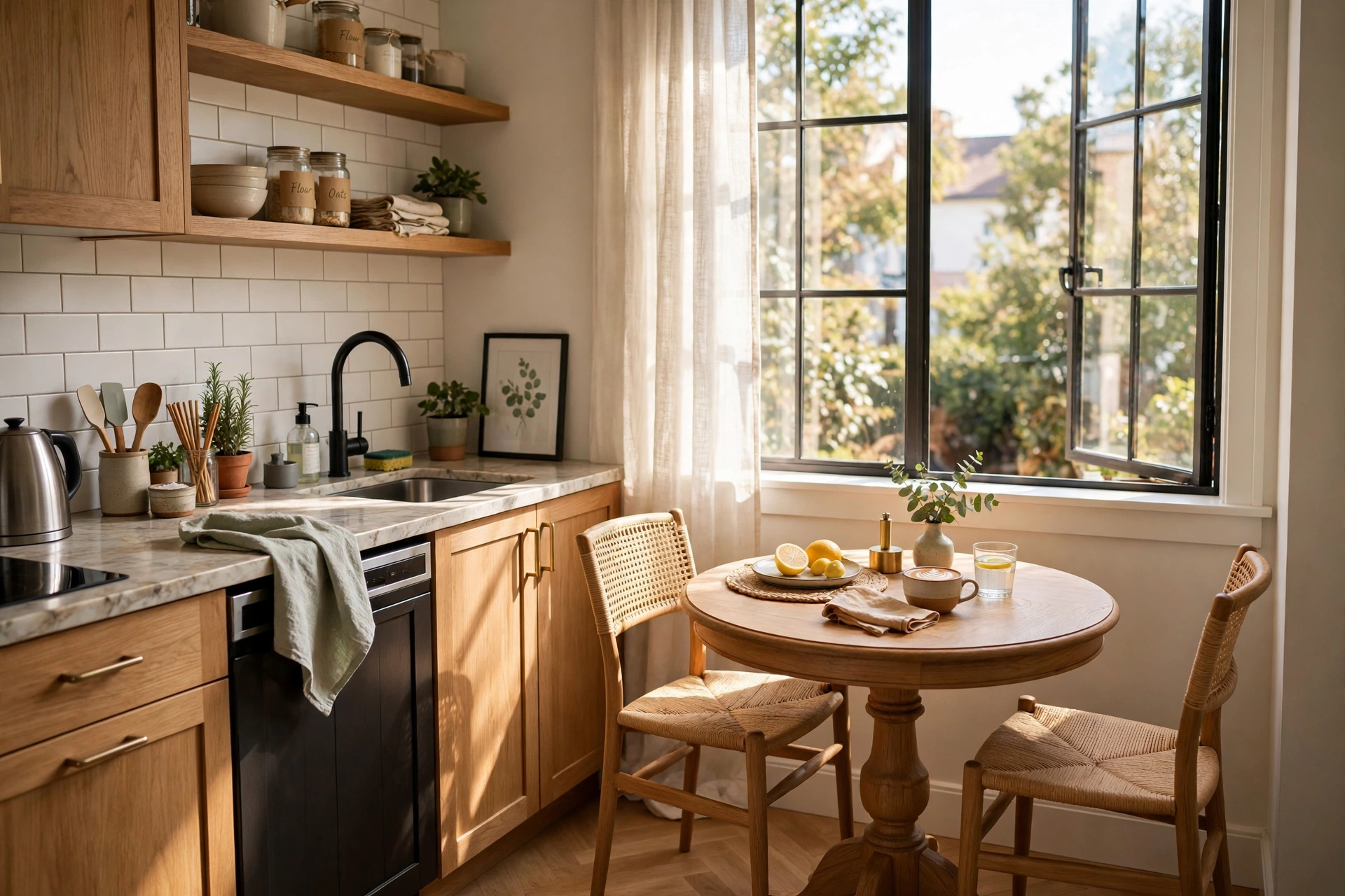 Round dining table tucked in small kitchen corner