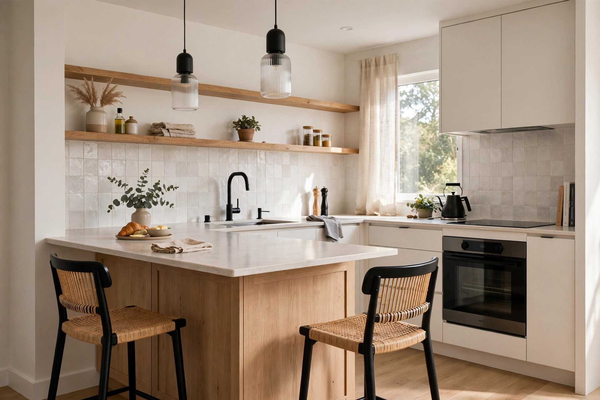 Kitchen island used as dining table with stools