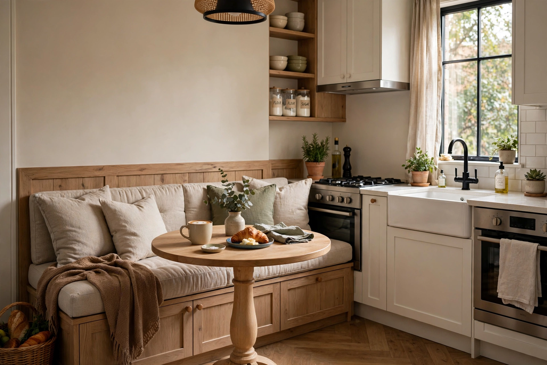 Small kitchen with built-in banquette dining nook