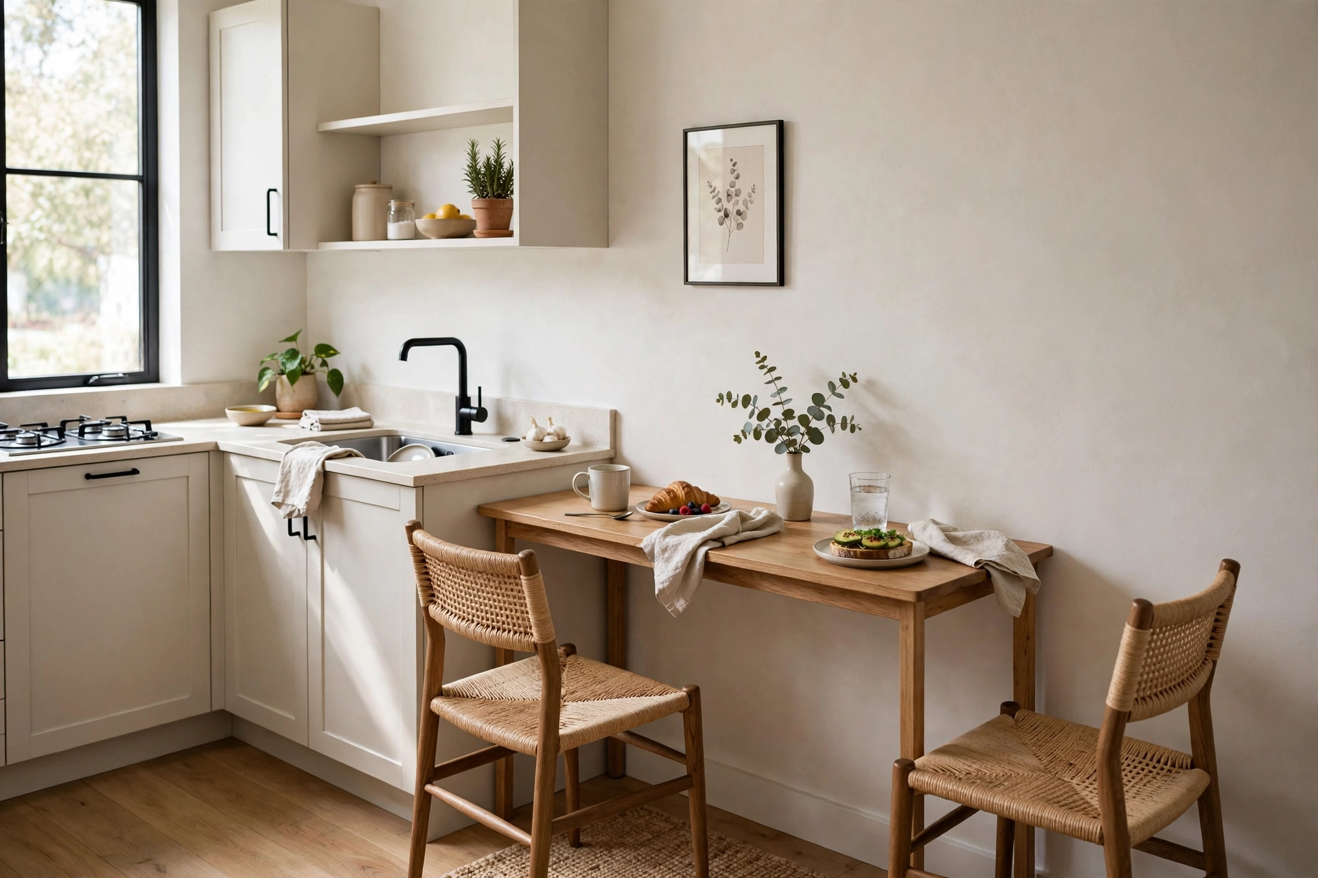Narrow console table as dining in small kitchen