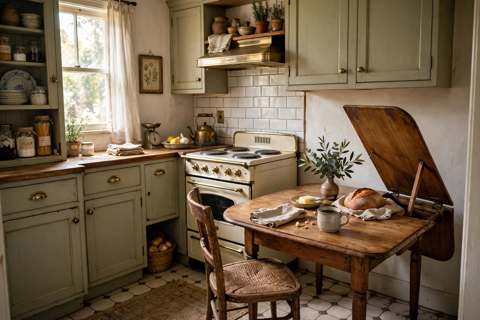 Drop-leaf dining table in compact kitchen