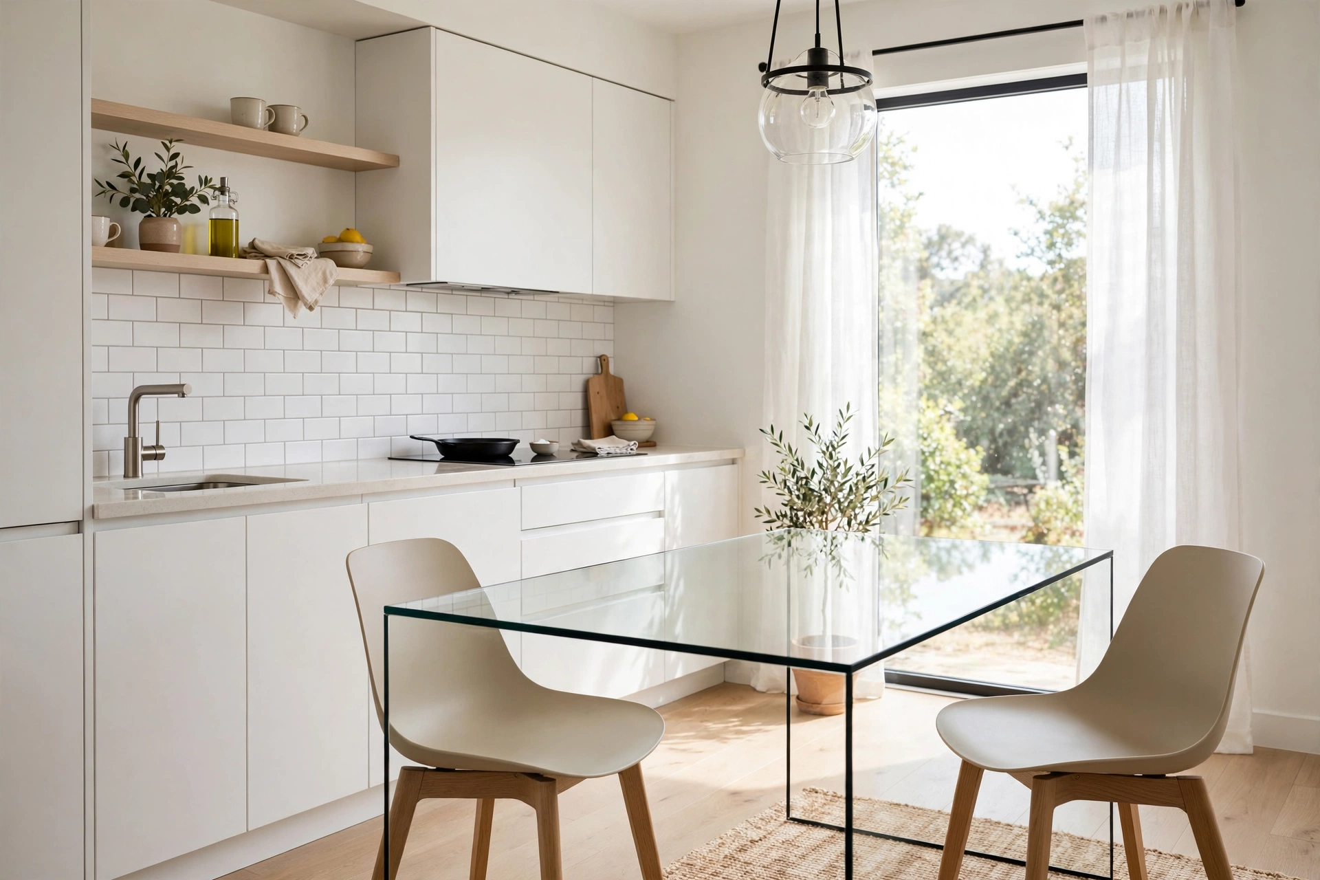 Glass dining table in small bright kitchen