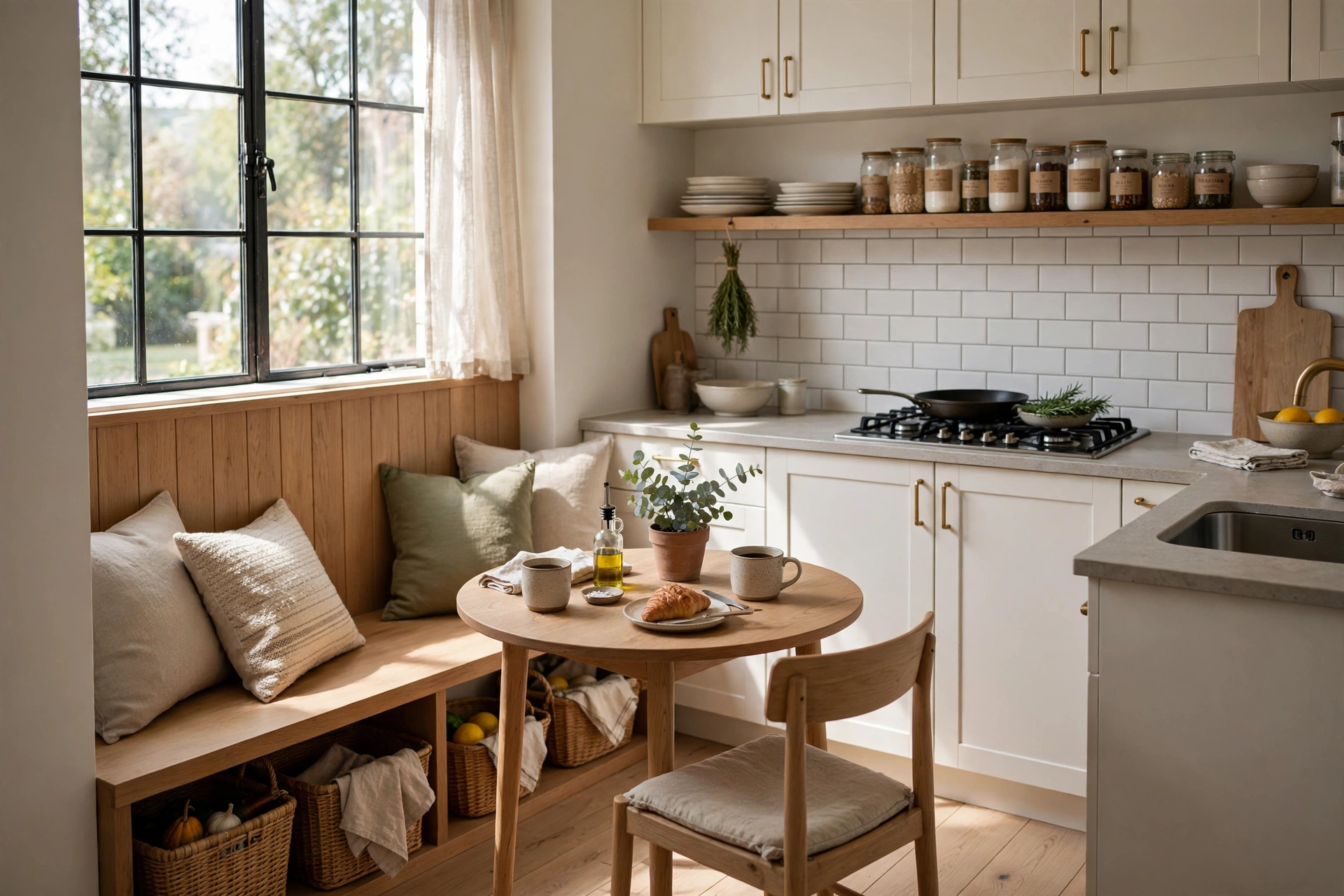 Built-in bench seating with table in small kitchen