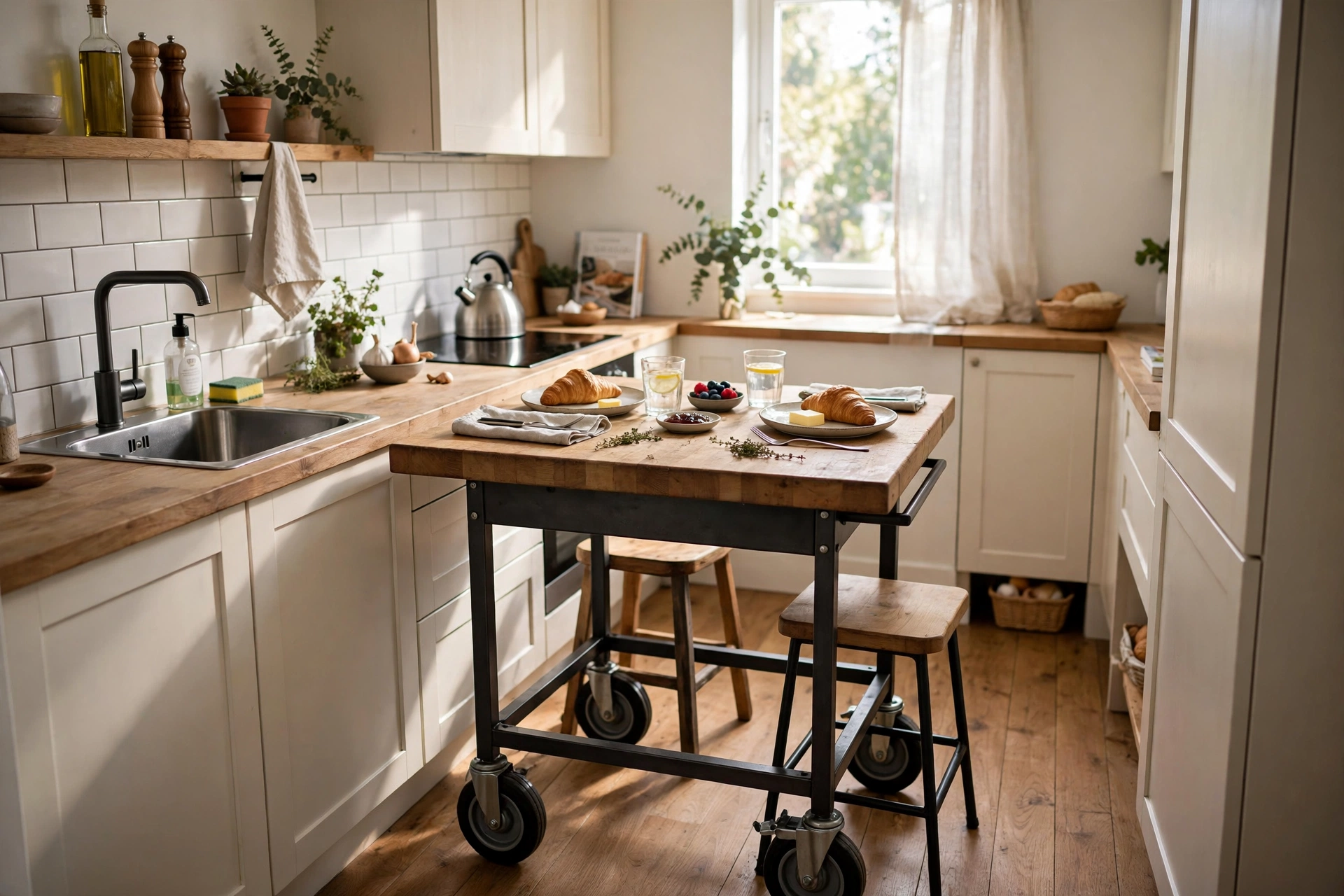 Rolling kitchen cart used as dining table