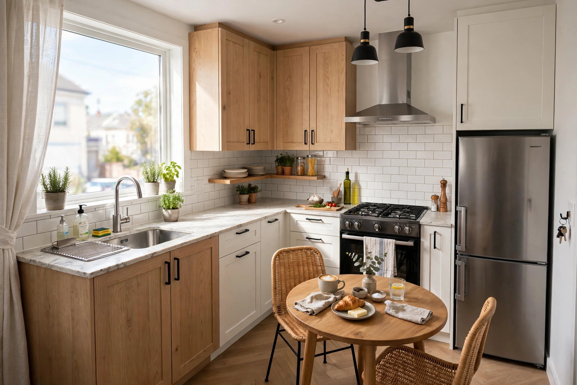 L-shaped small kitchen with dining table