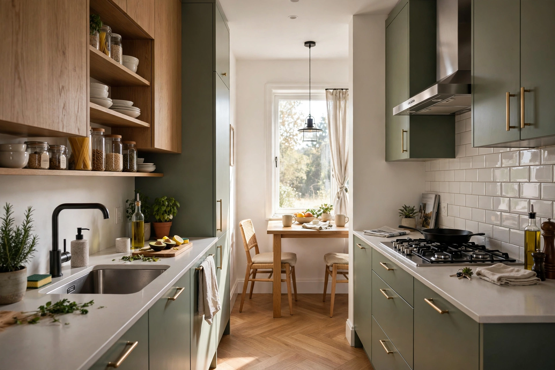 Slim dining table in galley kitchen