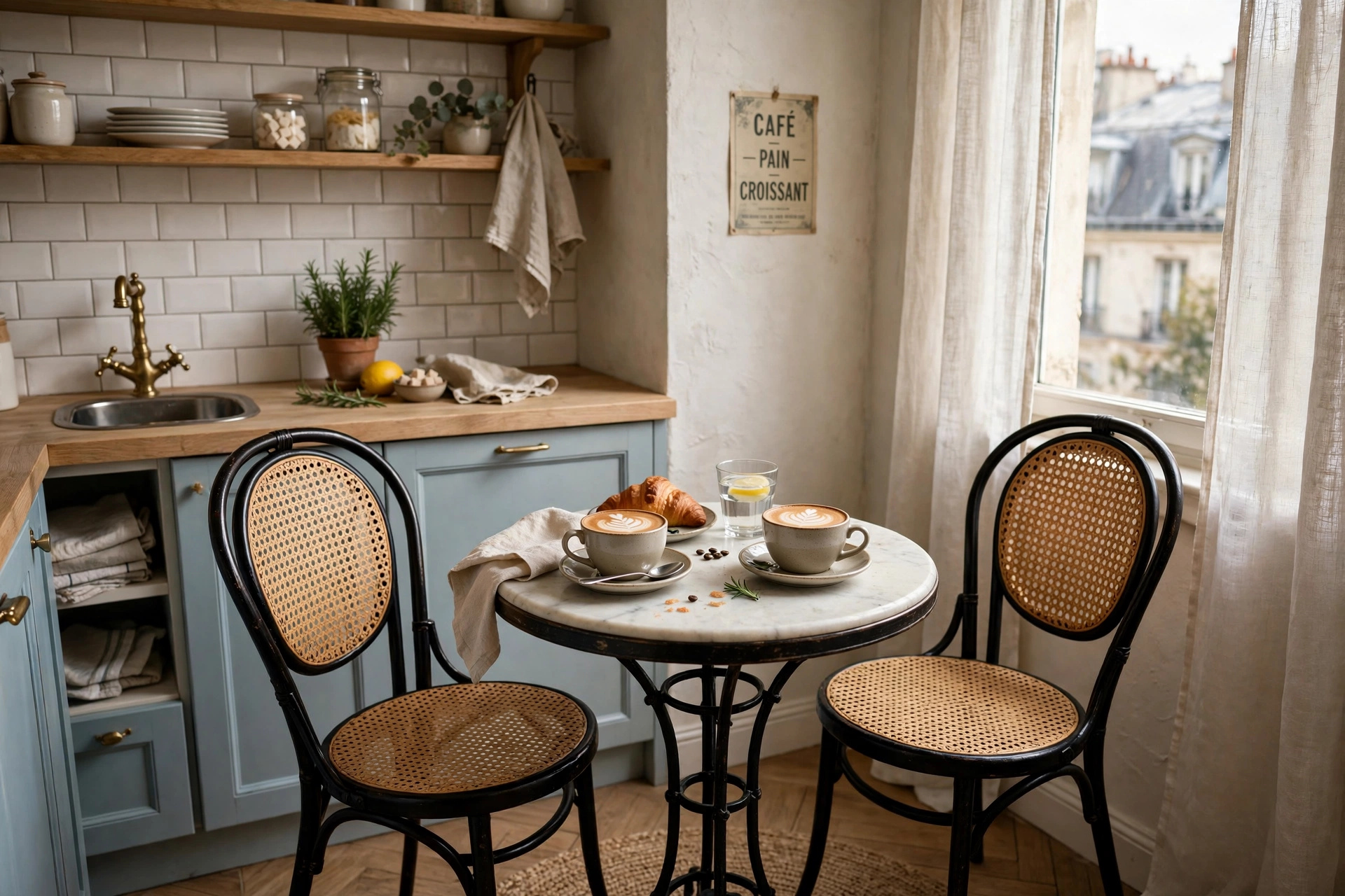 Bistro table set for two in small kitchen