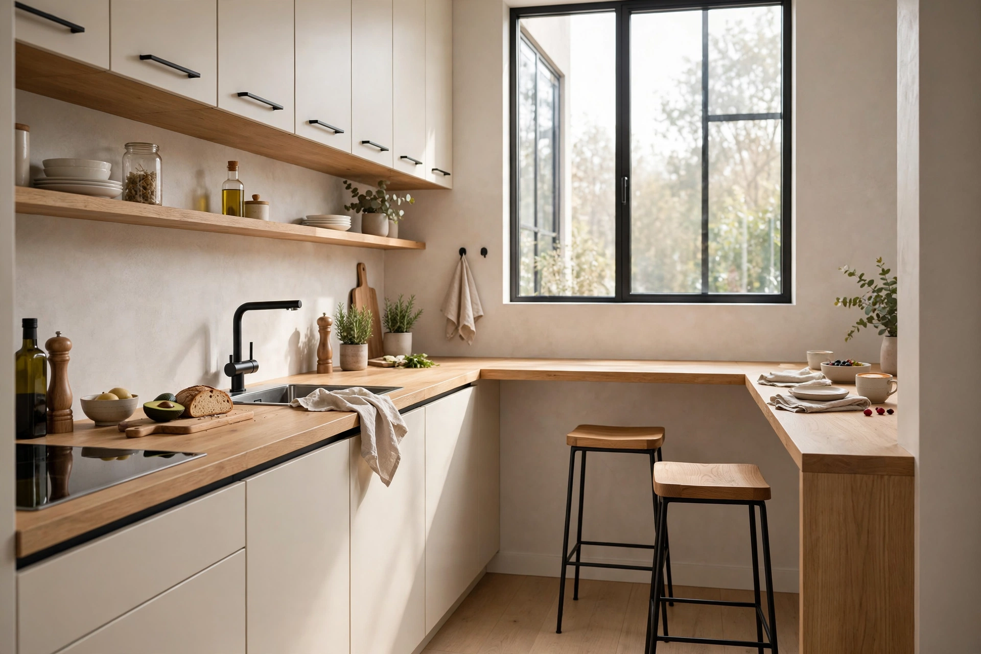 Counter-height dining table in small kitchen