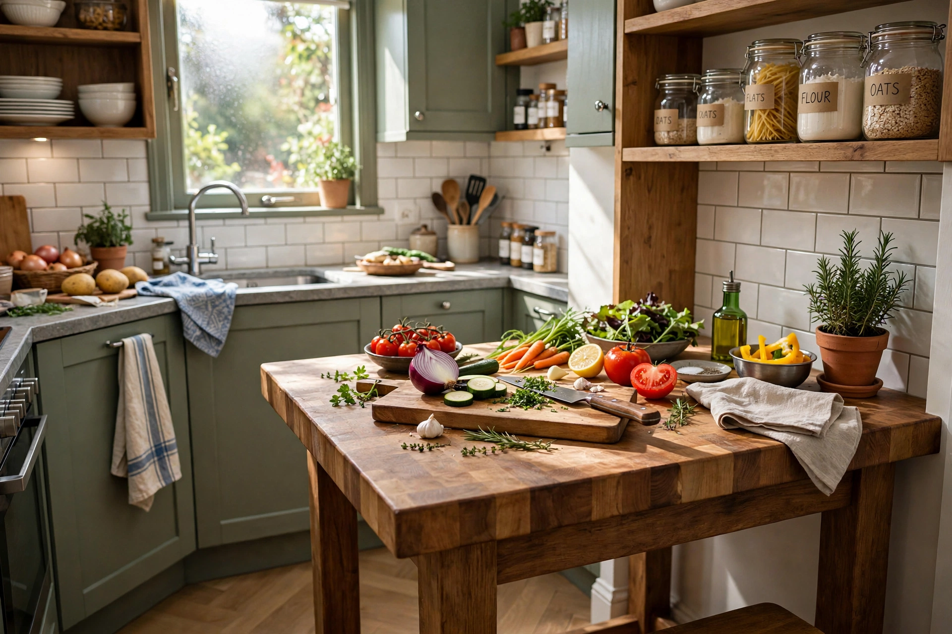 Dining table doubling as prep space in small kitchen