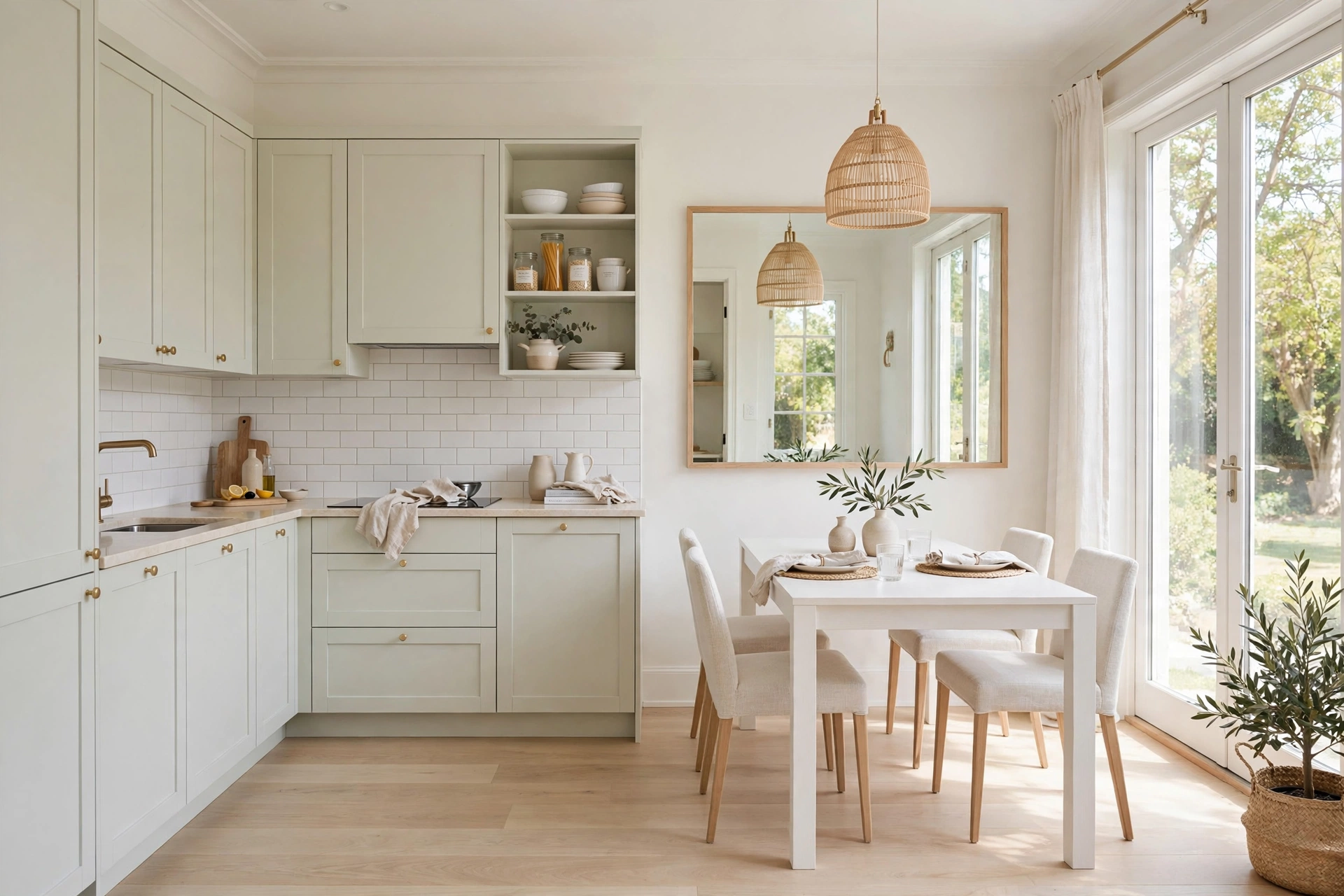 Light-colored small kitchen with dining table