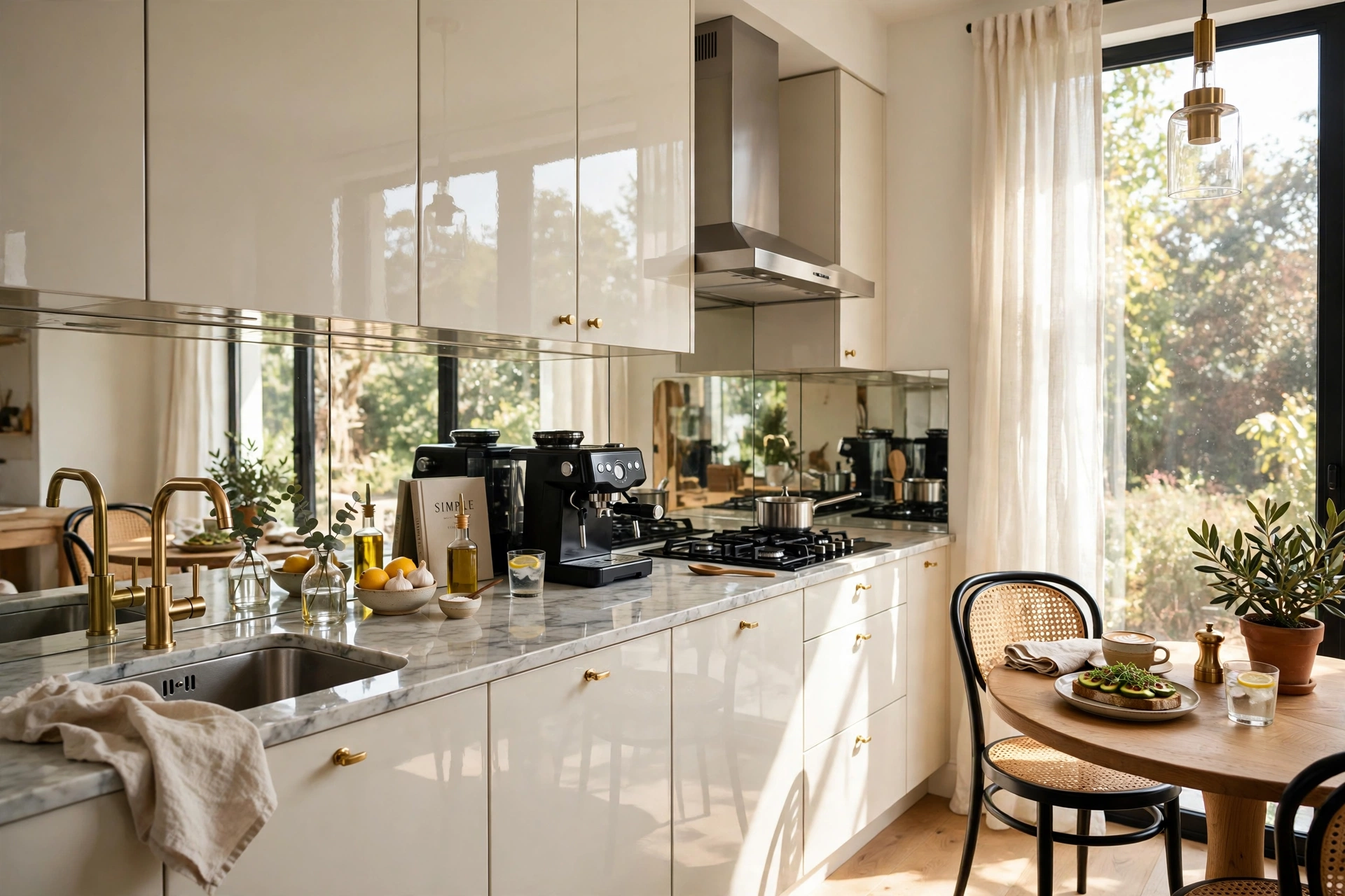 Small kitchen with reflective surfaces and dining table