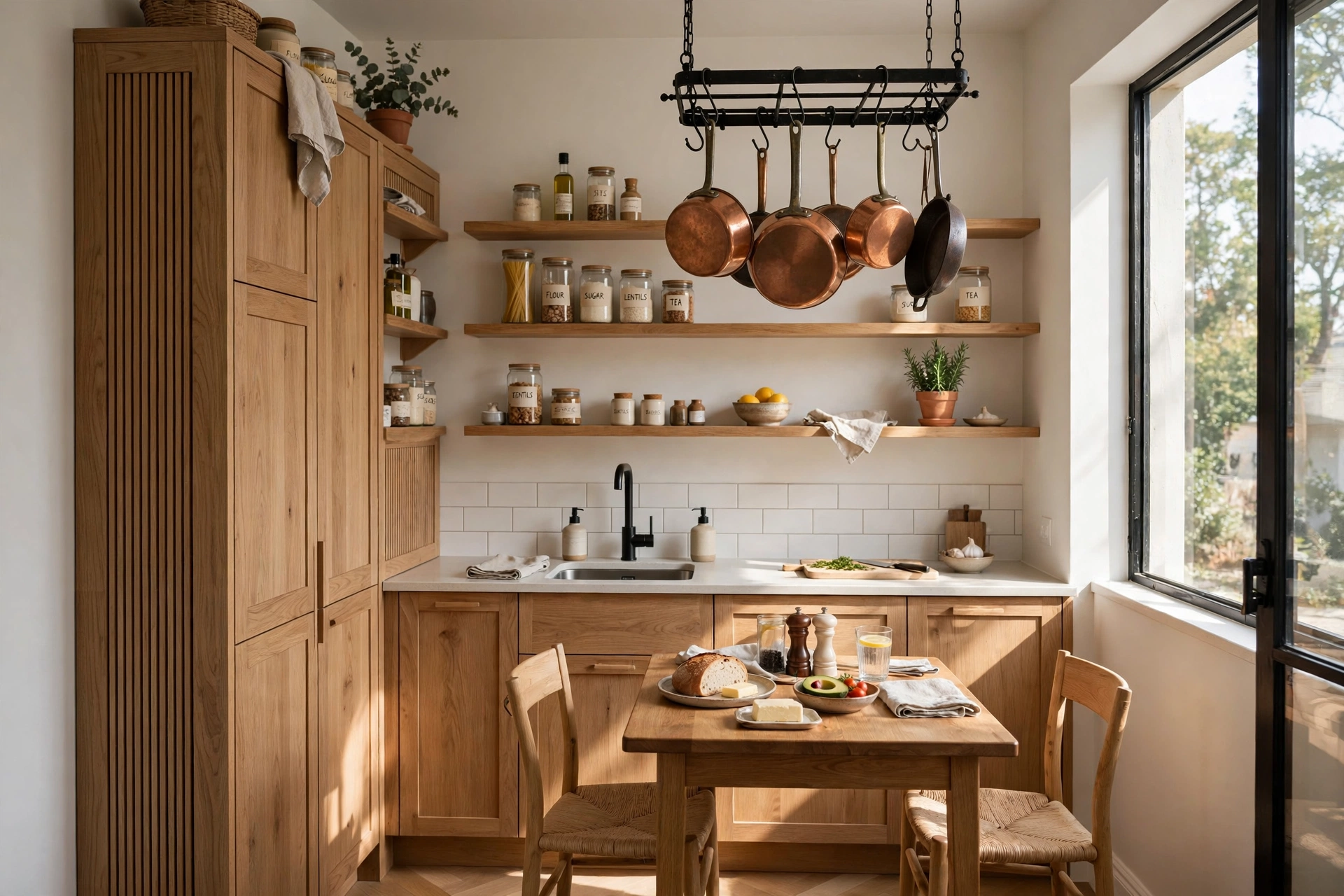 Vertical storage around dining table in small kitchen
