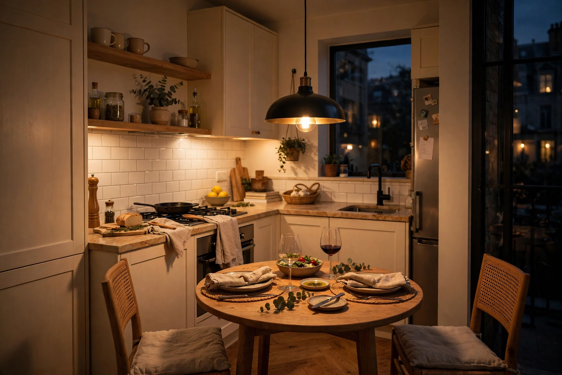 Pendant light over dining table in small kitchen