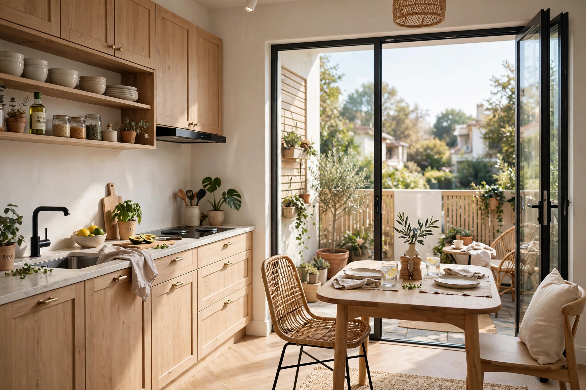 Small kitchen dining table near glass patio doors