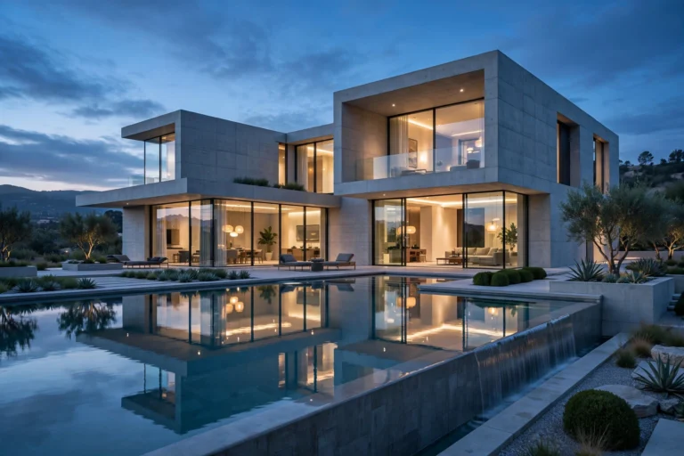 Stunning modern villa exterior at dusk with illuminated facade.