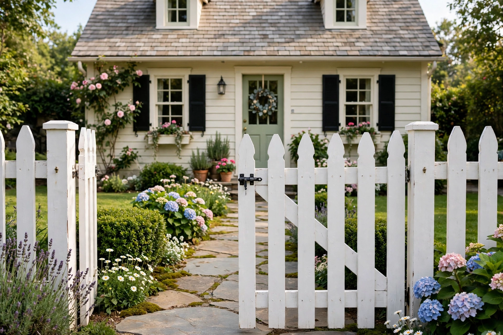 Classic white picket front yard gate