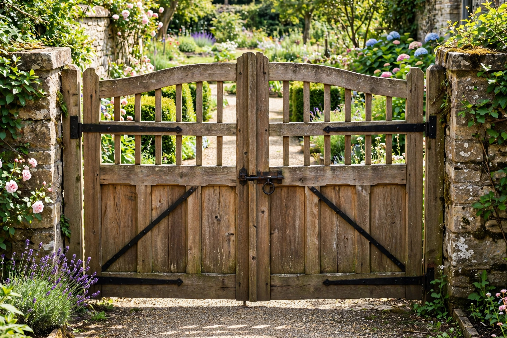 Front yard gate with charming welcome sign