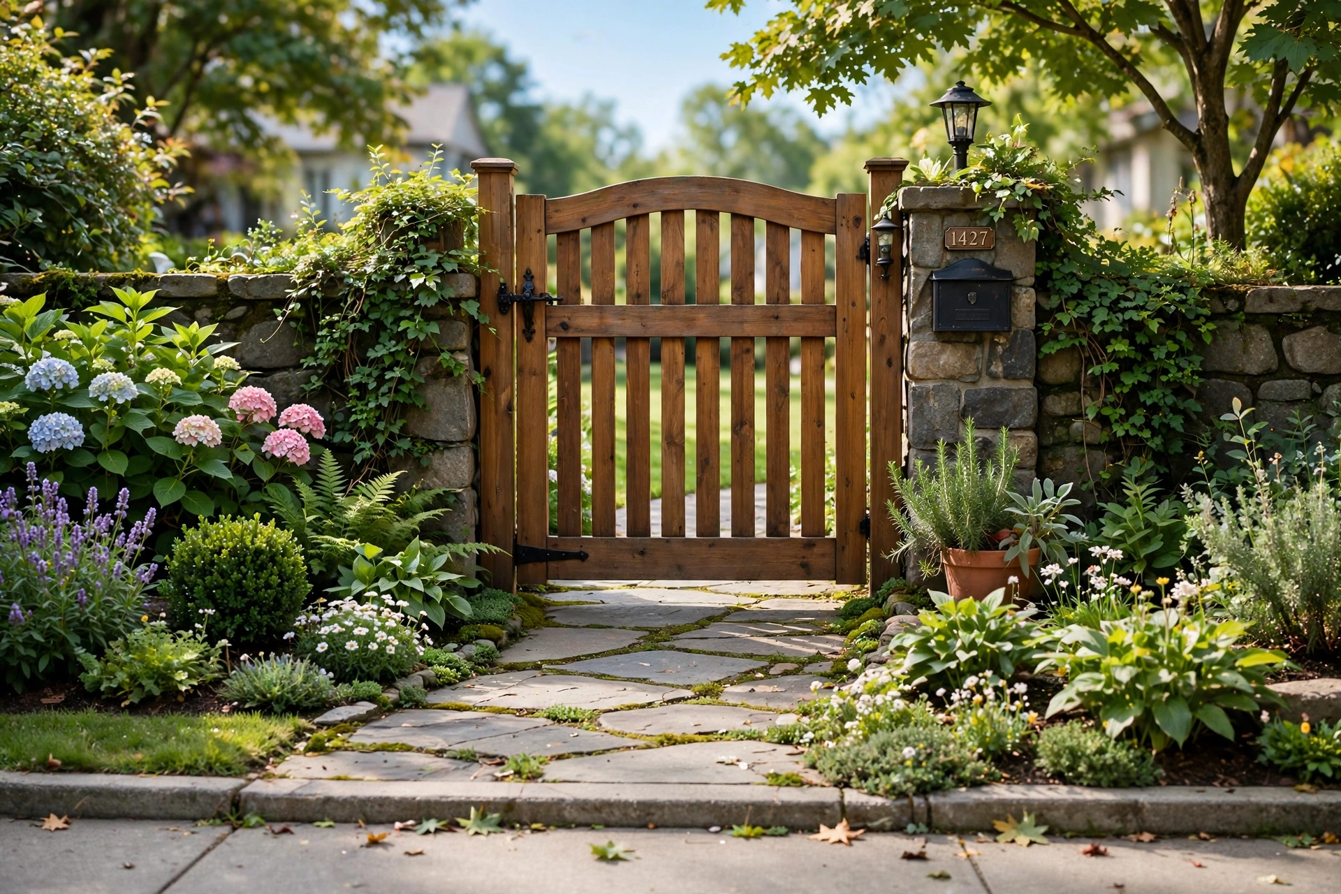 Front yard gate with self-closing hinges