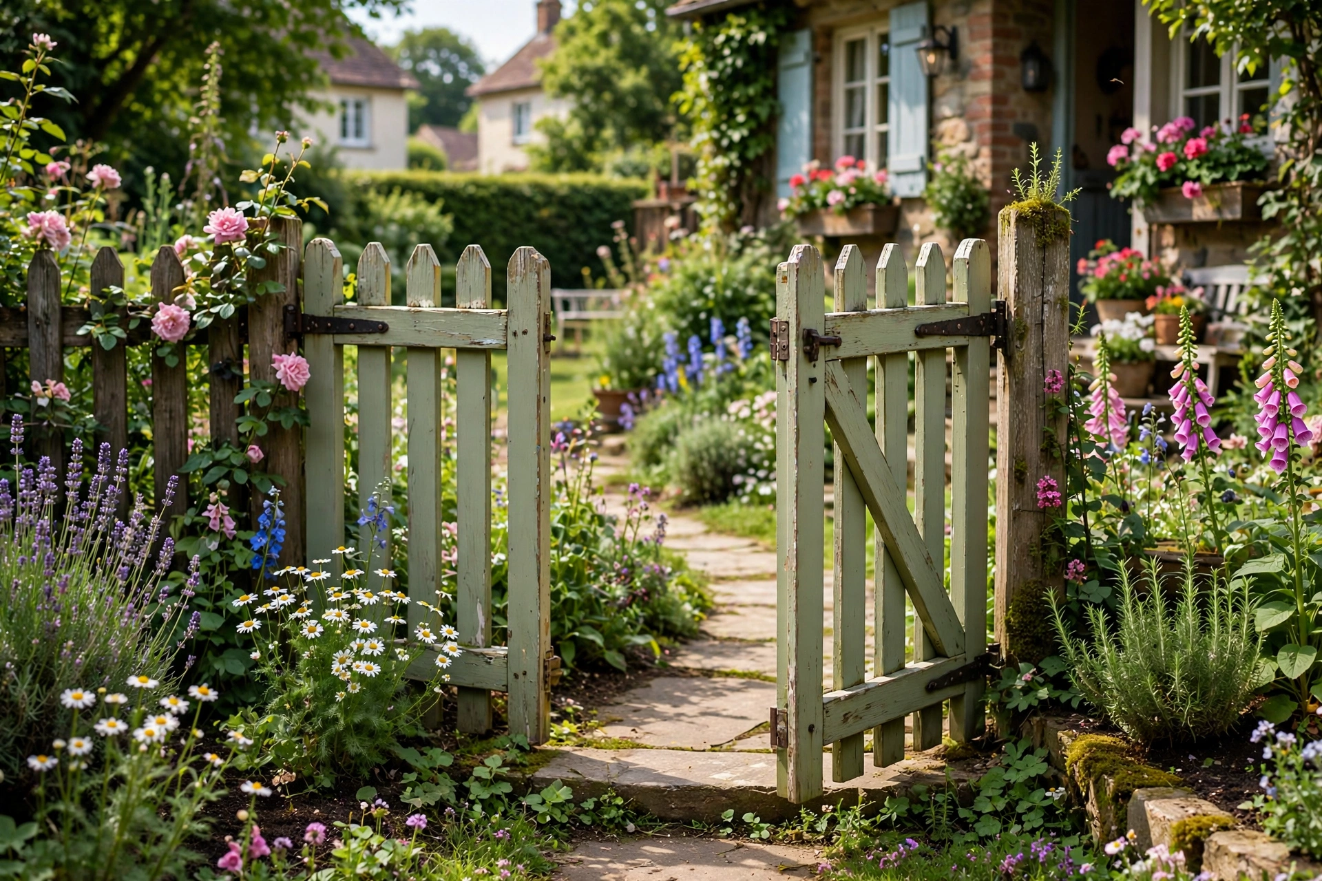 Front yard gate with simple metal latch