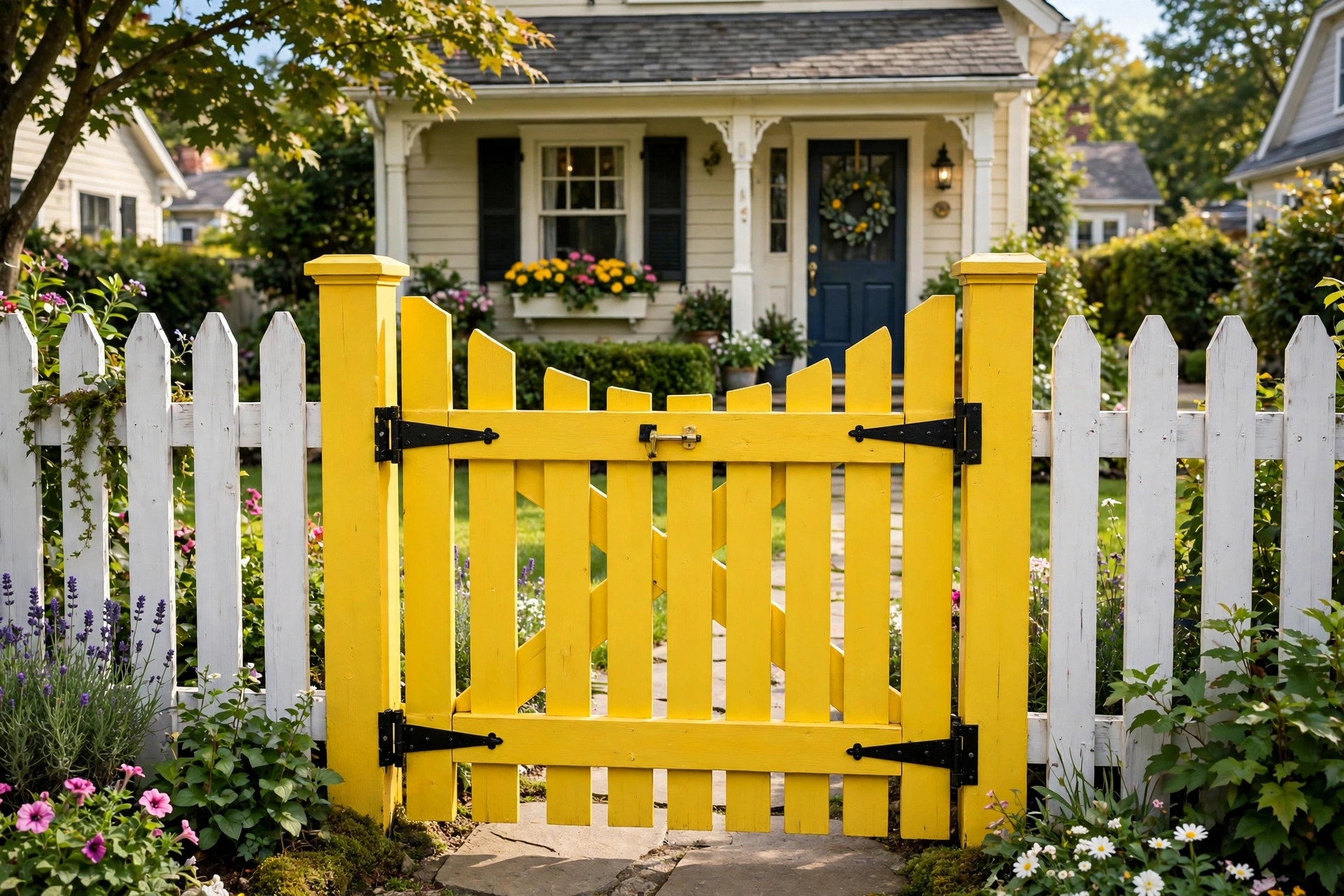 Pet-secure front yard gate with mesh backing