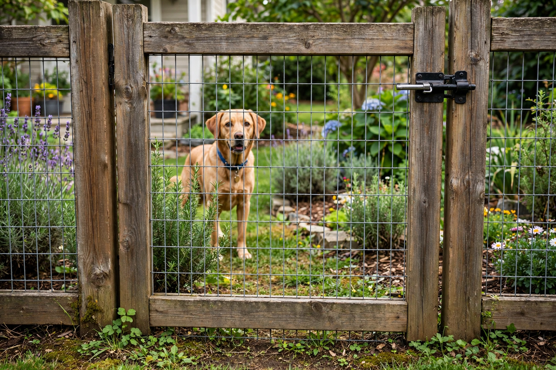 Front yard gate with trellis panel and climbers