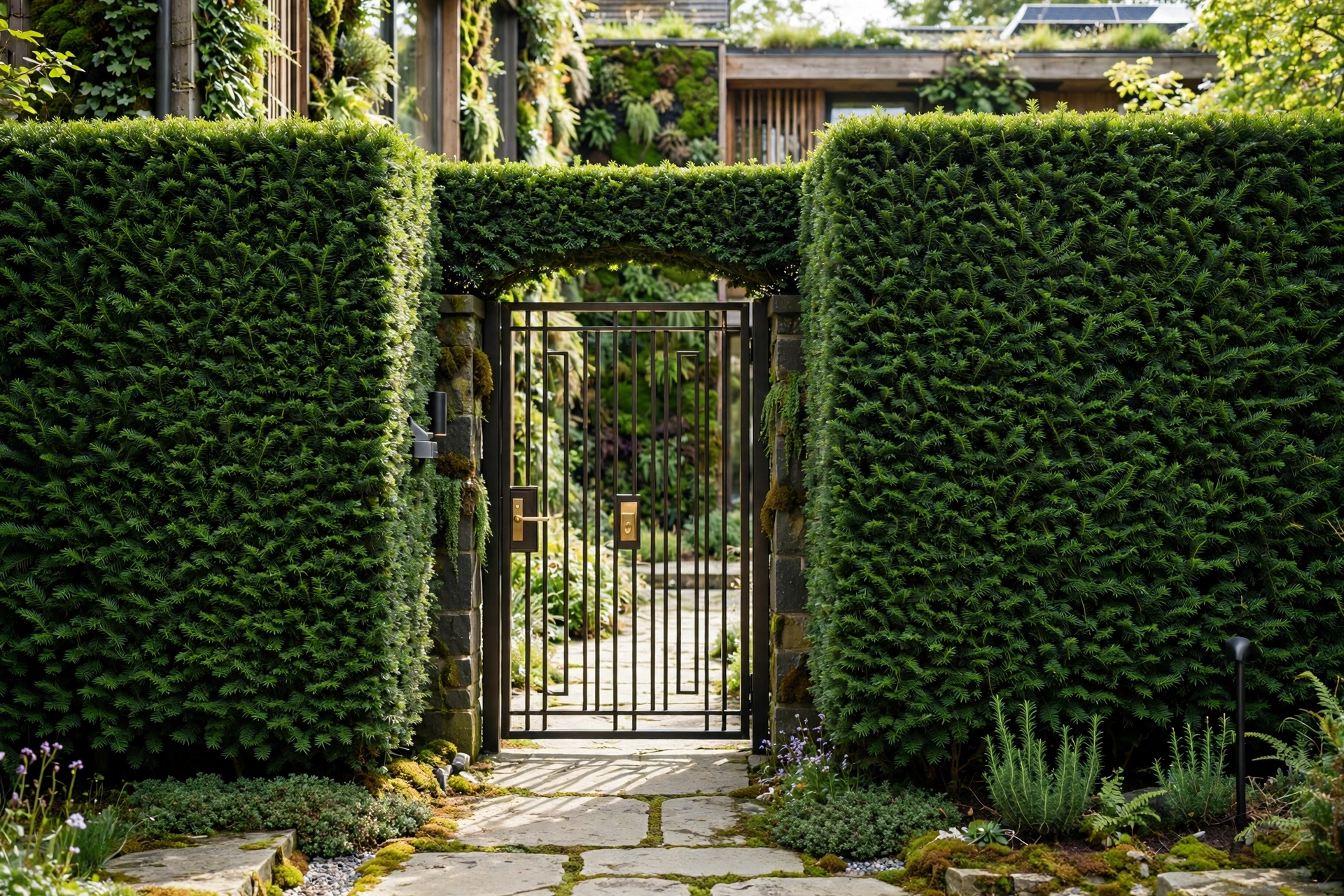 Front yard gate framed by flower beds