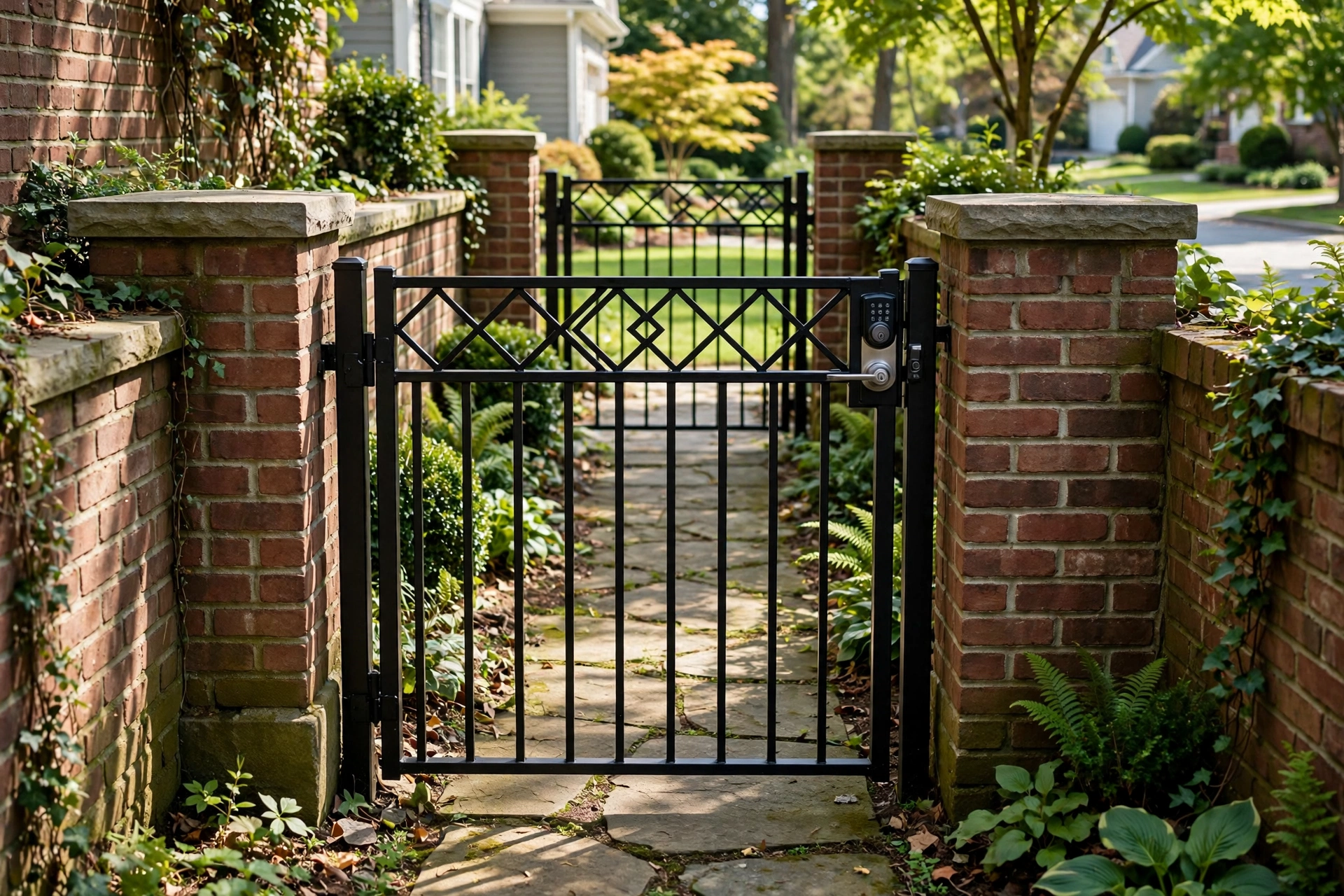 Front yard gate with parcel delivery hatch