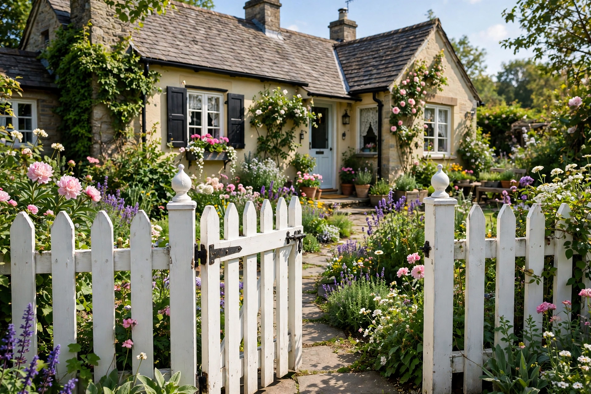 Charming front yard garden gate with picket fence.